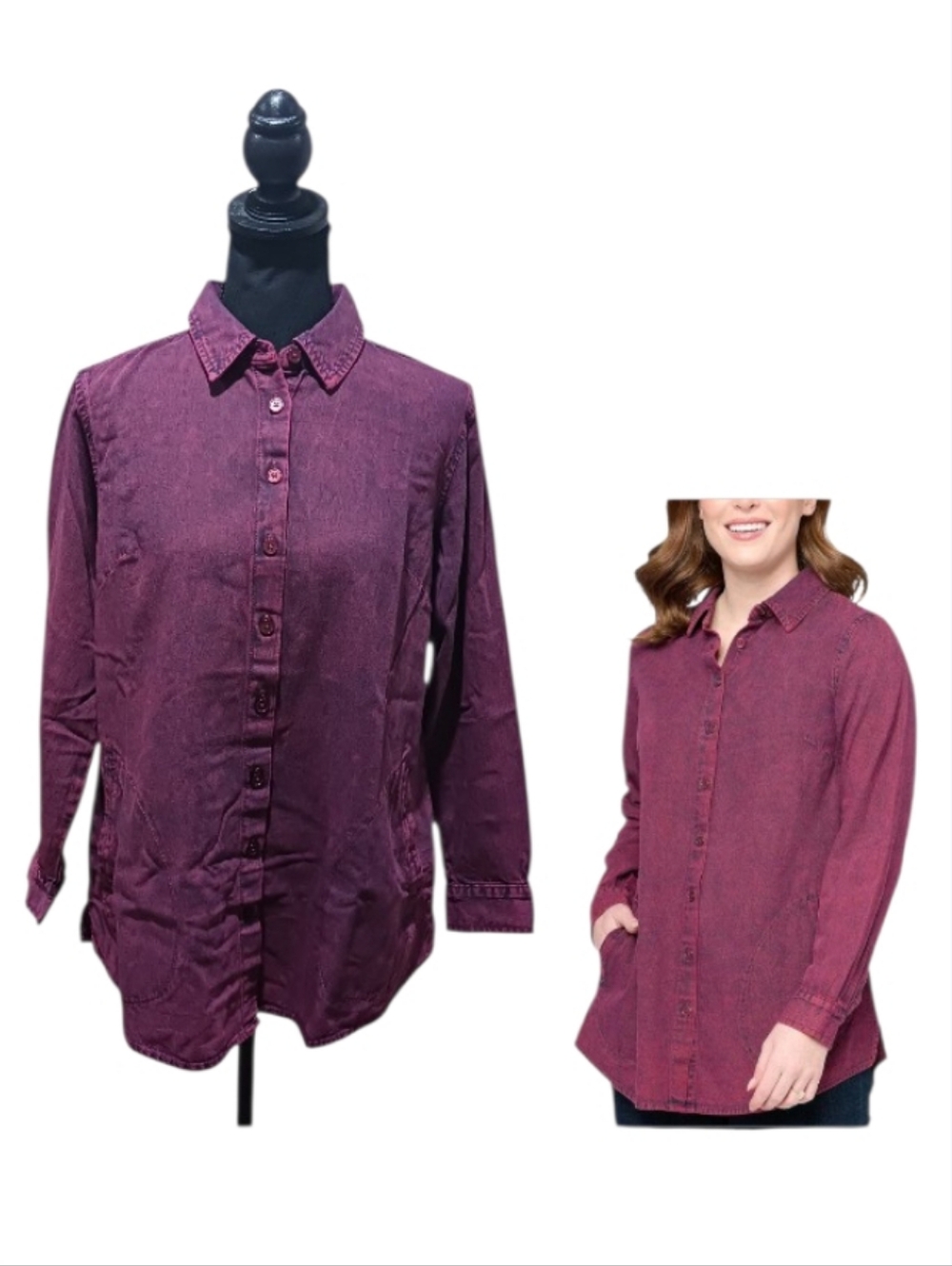 Vintage Washed Boyfriend Fit Denim Shirt Plum - Picture 2 of 8